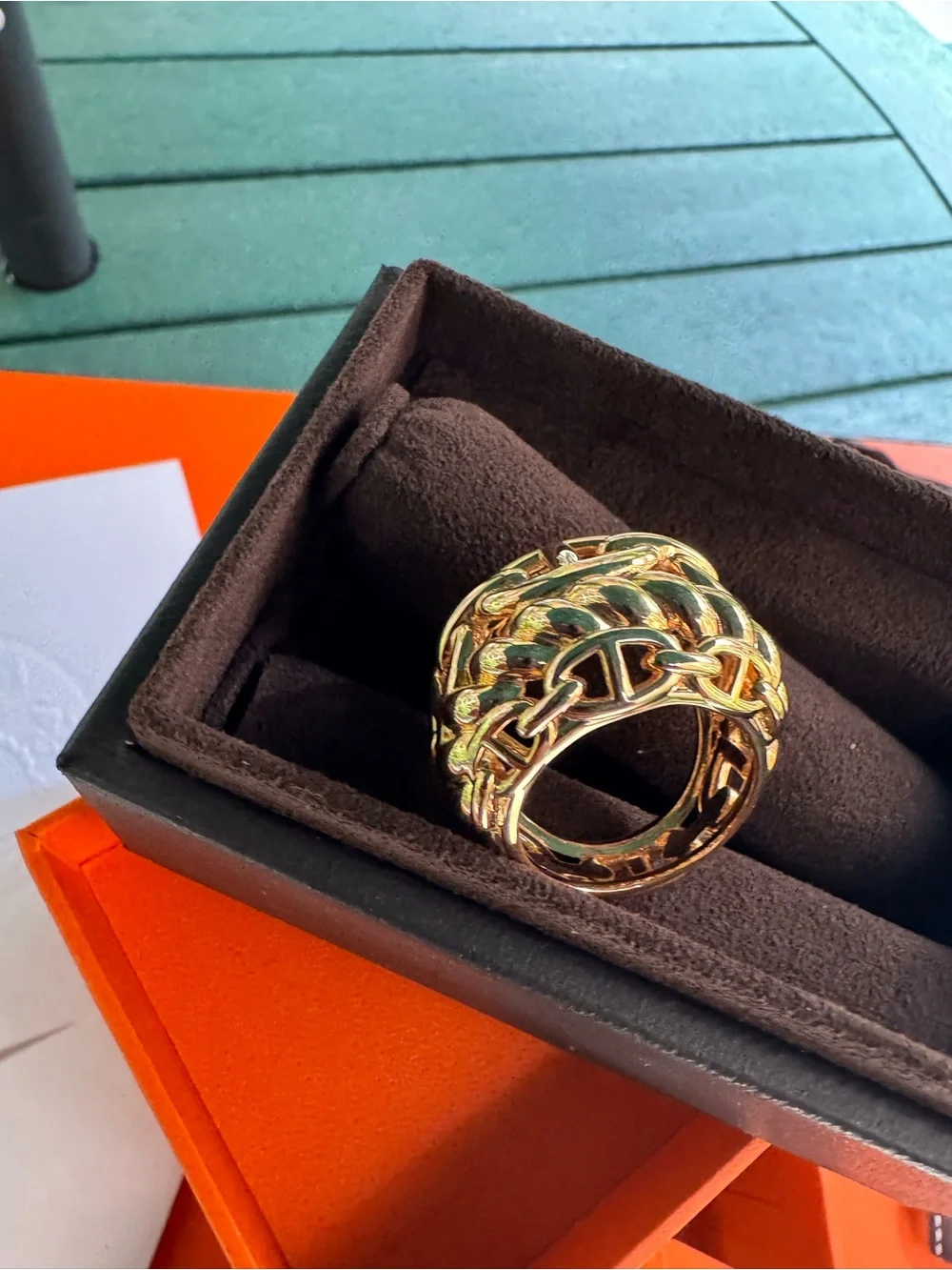 Hermes 18k Gold Chain D’ancre Chain-Link 'H' Ring